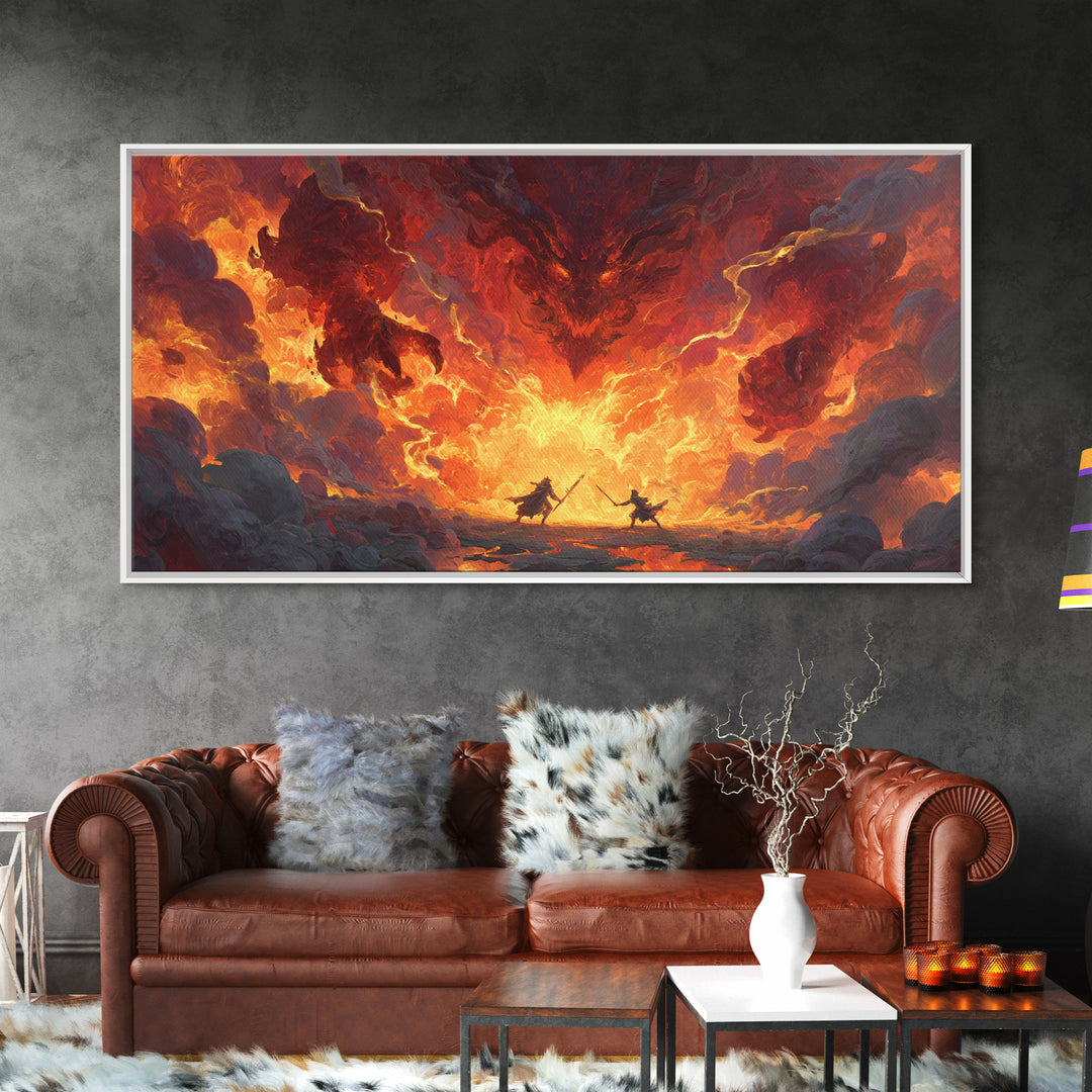 Fiery Demon Battle Scene Canvas Print, Dark Fantasy Wall Art, Dragon Artwork, Gothic Decor, Gaming Room Statement Art, Large Wall Art