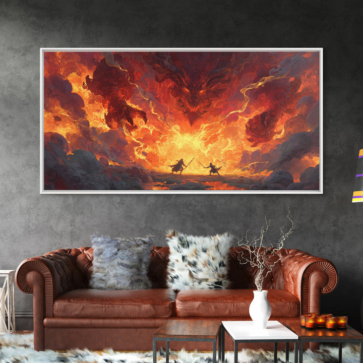Fiery Demon Battle Scene Canvas Print, Dark Fantasy Wall Art, Dragon Artwork, Gothic Decor, Gaming Room Statement Art, Large Wall Art