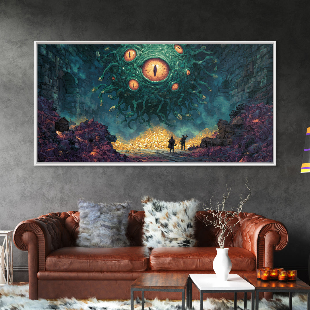 Floating Eyed Monster Over Gold Hoard Canvas Print, Dark Fantasy Wall Art, Dungeon Decor, Gaming Room Art, Gift For Gamer