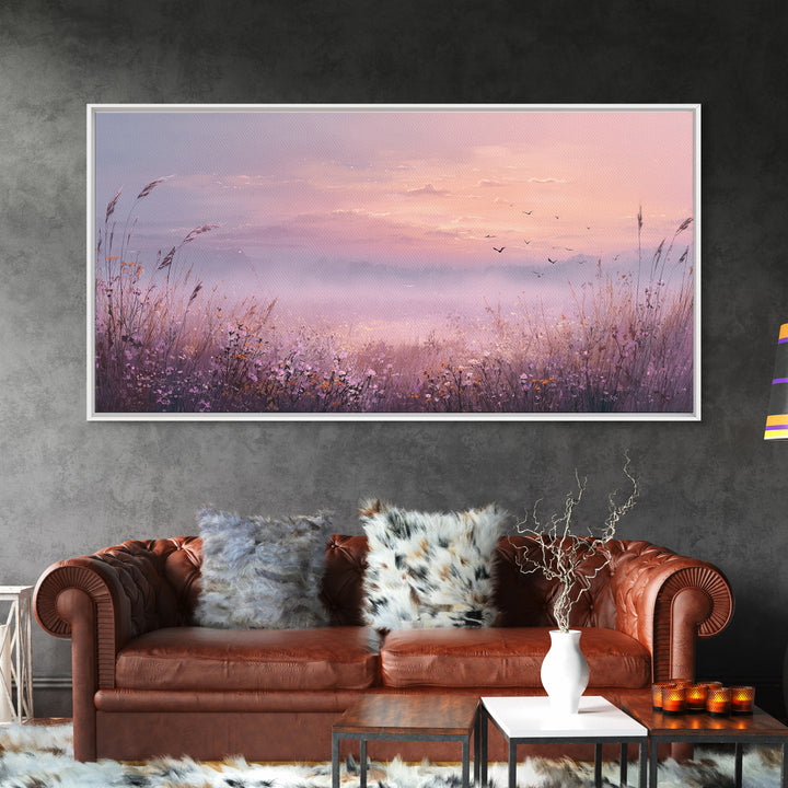 Misty Pink Sunrise Meadow Landscape Wall Art, Wildflower Canvas Print, Nature Wall Decor, Calming Bedroom Decor Gift For Her