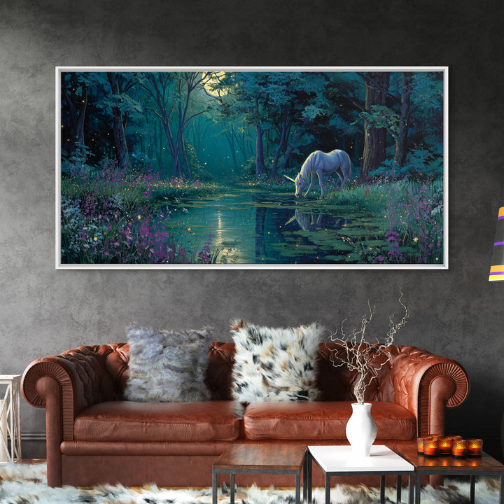 Moonlit Unicorn Forest Pond Wall Art, Enchanted Fantasy Landscape Canvas, Whimsical Nursery Decor, Magical Gift For Her Art