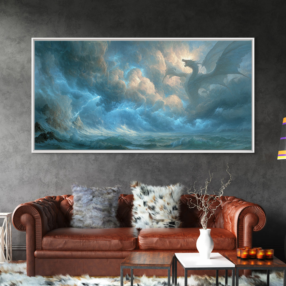 Storm Dragon Above Raging Ocean Canvas Print, Epic Fantasy Wall Art, Moody Seascape Decor For Living Room And Office Decor