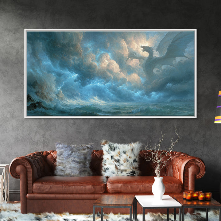Storm Dragon Above Raging Ocean Canvas Print, Epic Fantasy Wall Art, Moody Seascape Decor For Living Room And Office Decor