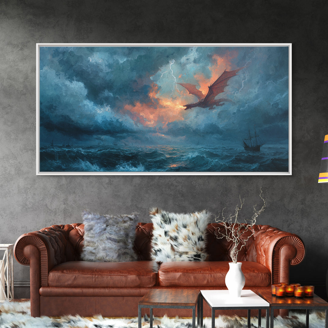Storm Dragon Flying Over Ocean Ship Canvas Print, Fantasy Wall Art, Nautical Seascape Decor, Dramatic Coastal Art, Gift For Him