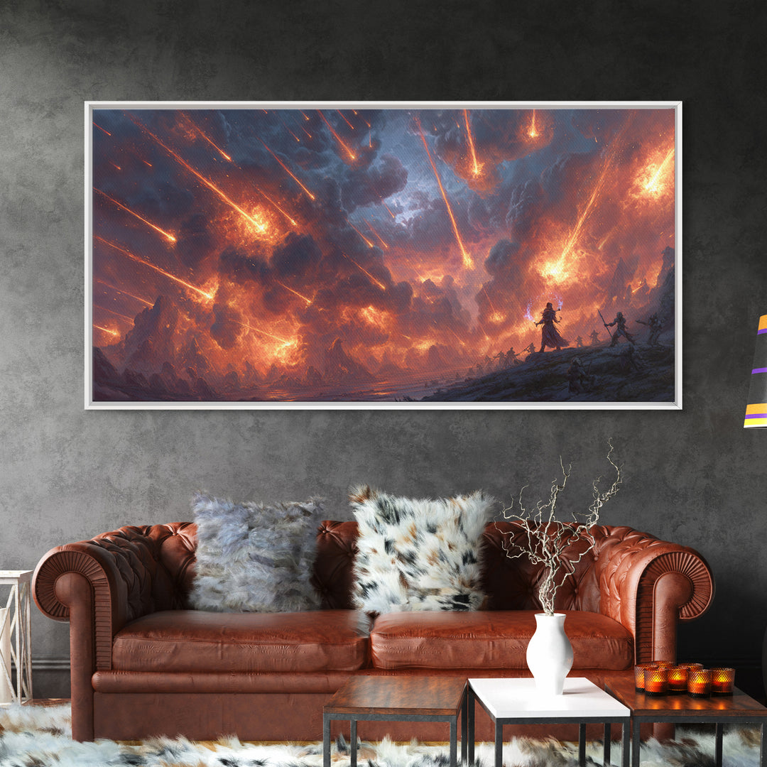 Meteor Storm Apocalypse Canvas Print, Fiery Fantasy Battlefield Scene, Dark Fantasy Art, Gaming Room Decor, Statement Wall Art