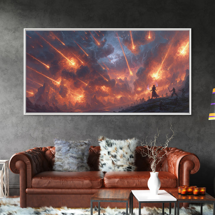 Meteor Storm Apocalypse Canvas Print, Fiery Fantasy Battlefield Scene, Dark Fantasy Art, Gaming Room Decor, Statement Wall Art