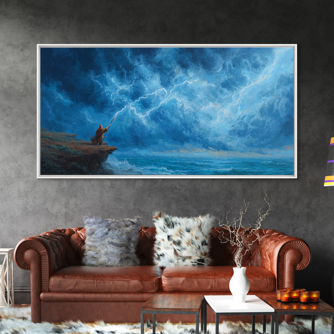 Lone Mage Facing Lightning Storm Wall Art, Fantasy Seascape Canvas, Blue Ocean Painting, Dramatic Large Wall Decor For Him