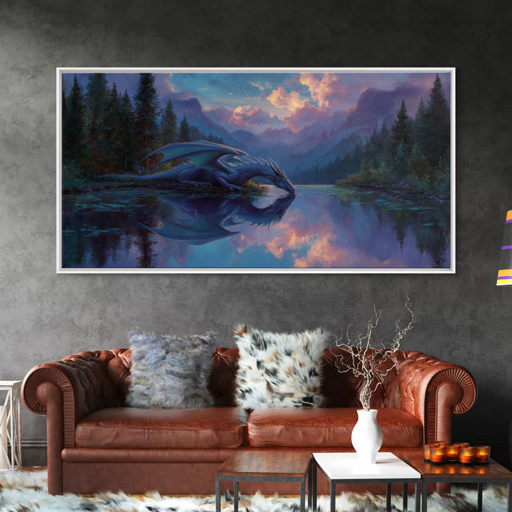 Blue Dragon Resting By Moonlit Lake Canvas Print, Fantasy Wildlife Art Print, Mystical Mountain Decor For Nursery Or Bedroom