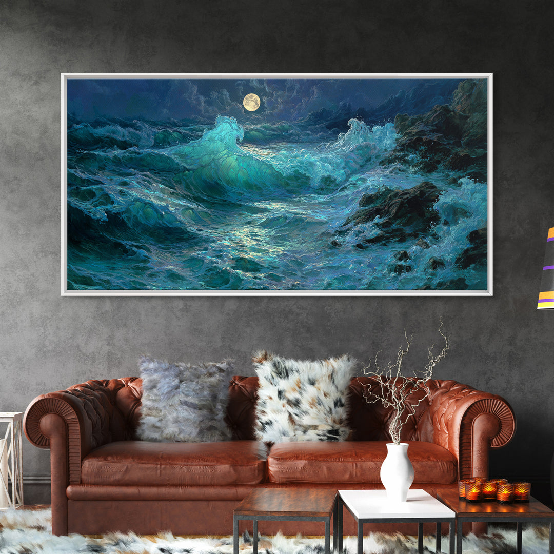 Moonlit Turquoise Ocean Waves Canvas Print, Coastal Wall Art, Seascape Painting, Nautical Decor, Moody Beach House Gift Idea