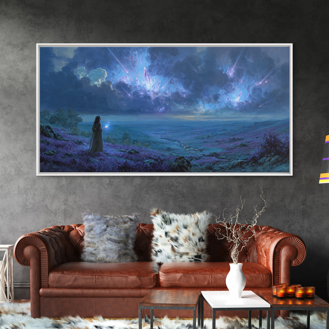 Cosmic Sorceress Under Meteor Sky Wall Art, Fantasy Landscape Canvas, Celestial Space Decor, Mystical Blue Home Decor Gift