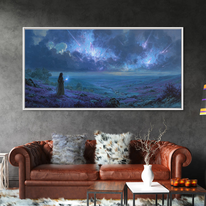 Cosmic Sorceress Under Meteor Sky Wall Art, Fantasy Landscape Canvas, Celestial Space Decor, Mystical Blue Home Decor Gift