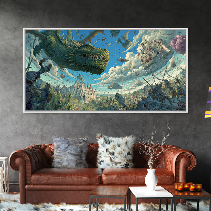 Skyborne Dragon Over Floating Castle Canvas Print, Whimsical Fantasy Wall Art, Surreal Art Print, Kids Room Decor, Nursery Decor