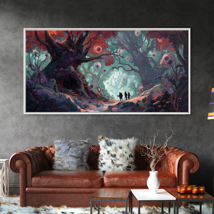 Enchanted Forest Path With Glowing Orbs Wall Art, Fantasy Woodland Canvas Print, Whimsical Fairy Tale Home Decor, Living Room Decor