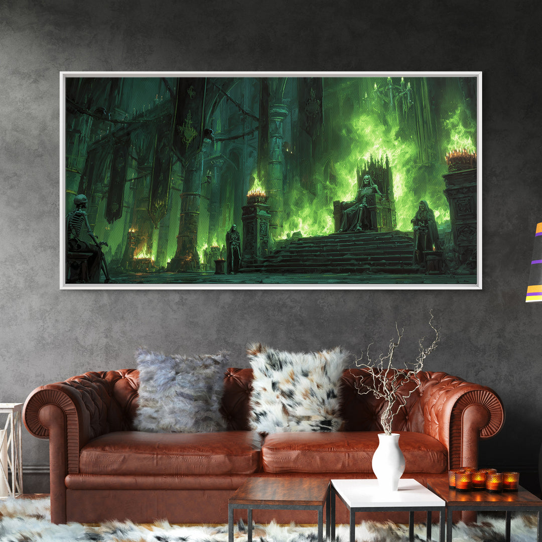 Emerald Gothic Throne Room With Skeletons Canvas Print, Dark Fantasy Art, Moody Wall Decor, Surreal Statement Art For Living Room