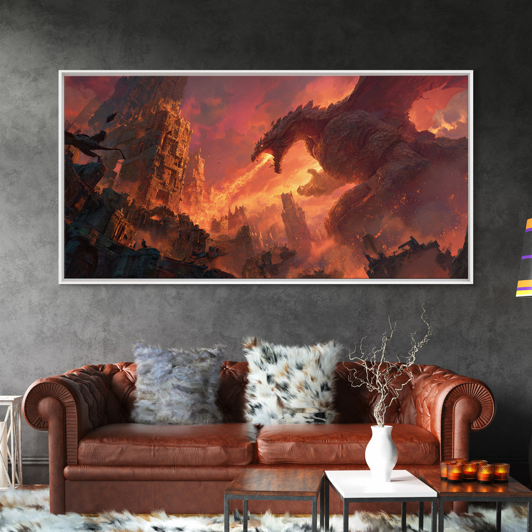 Fire Breathing Dragon Over Ruined City Canvas Print, Dark Fantasy Wall Art, Apocalyptic Decor, Gaming Room Statement Art