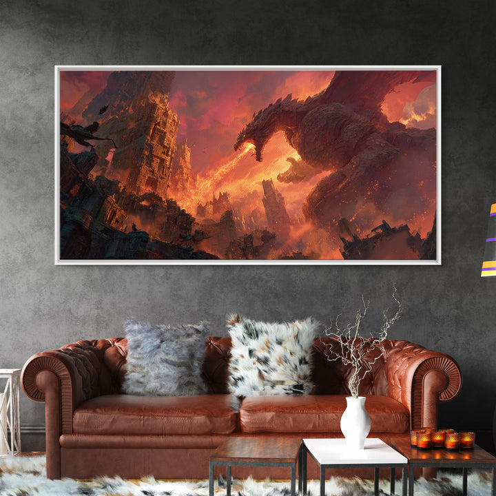 Fire Breathing Dragon Over Ruined City Canvas Print, Dark Fantasy Wall Art, Apocalyptic Decor, Gaming Room Statement Art
