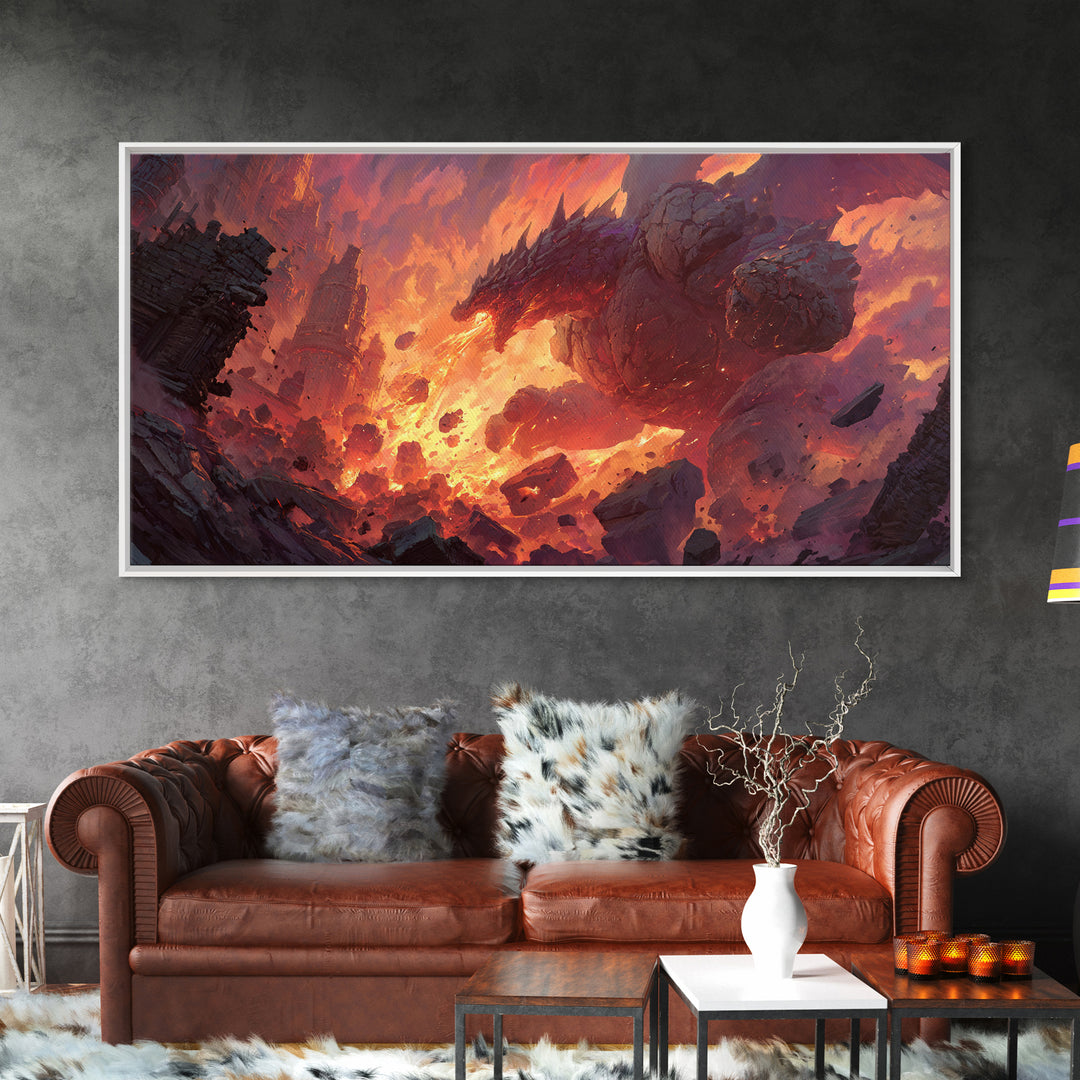 Fire Dragon Rising From Ruins Wall Art, Dark Fantasy Canvas Print, Epic Mythical Decor For Gamer Room And Statement Wall