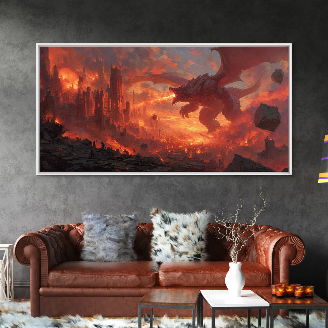 Fire Breathing Dragon Over Burning City Canvas Print, Dark Fantasy Wall Art, Epic Gothic Decor, Gaming Room Gift For Him