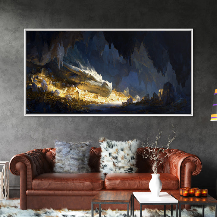 Sleeping Dragon In Golden Cave Wall Art, Fantasy Canvas Print, Mythical Creature Decor, Dark Academia Home Decor, Gift For Him