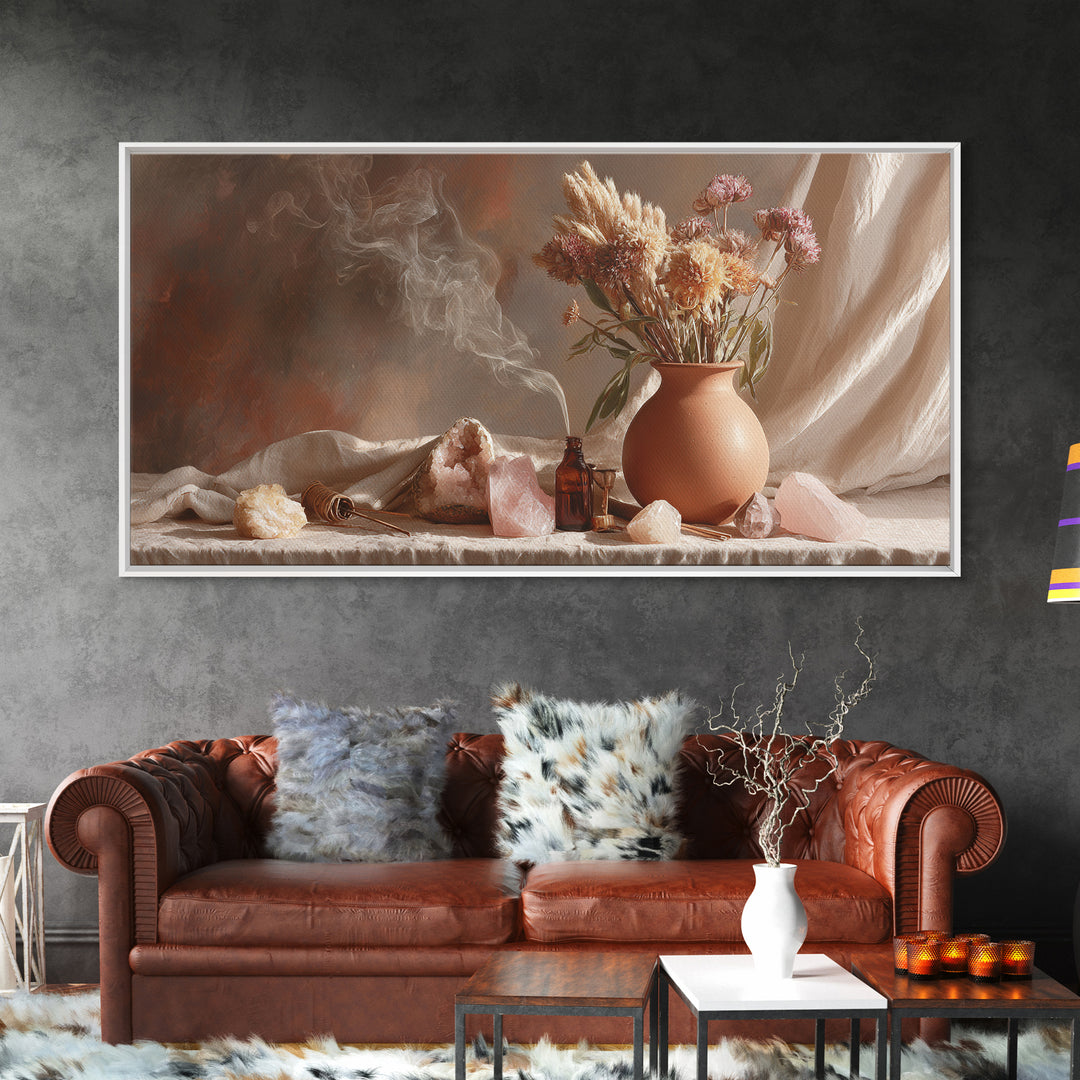 Dried Flowers And Rose Quartz Still Life Wall Art, Boho Apothecary Decor, Neutral Botanical Canvas Print, Gift For Her, Modern Home Decor