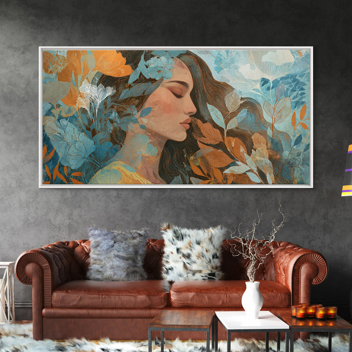 Serene Woman With Blue Botanicals Canvas Print, Abstract Floral Portrait, Modern Wall Art For Living Room Decor, Gift For Her