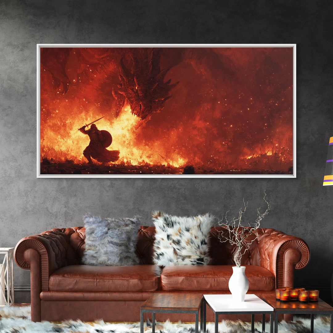 Dragon Fire Battle Canvas Print, Epic Fantasy Wall Art, Warrior Vs Dragon Painting, Dark Fantasy Home Decor Gift For Gamer Room