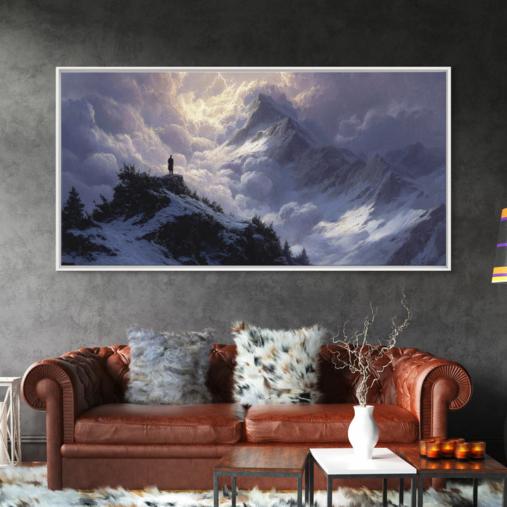Stormy Snow Mountain Landscape Wall Art, Dramatic Alpine Canvas Print, Moody Nature Decor, Adventure Gift For Him, Living Room Decor
