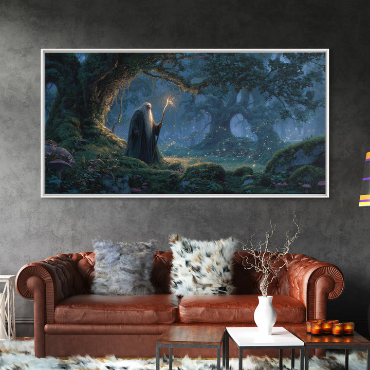 Wizard In Moonlit Enchanted Forest Canvas Print, Fantasy Wall Art, Magical Woodland Decor For Cozy Reading Nook Gift For Her