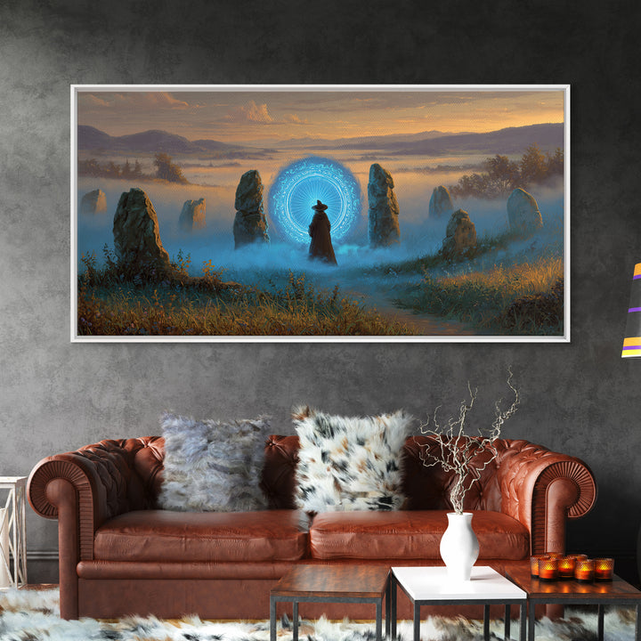 Mystic Portal Stone Circle Canvas Print, Blue Magical Landscape Wall Art, Fantasy Decor, Witchy Celestial Art Print Gift