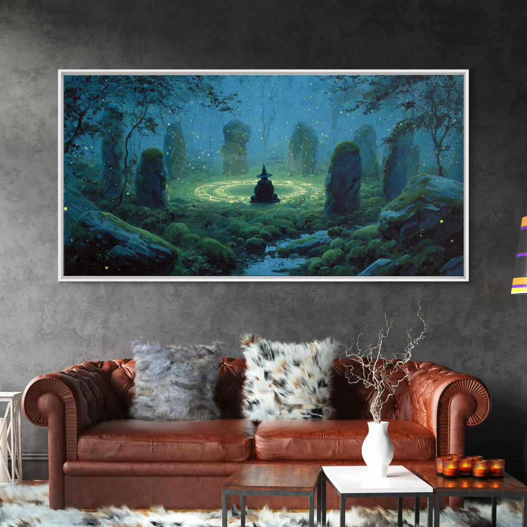 Glowing Stone Circle Witch In Enchanted Forest Canvas Print, Mystical Wall Art, Pagan Decor, Magical Nursery Art, Whimsical Home Decor