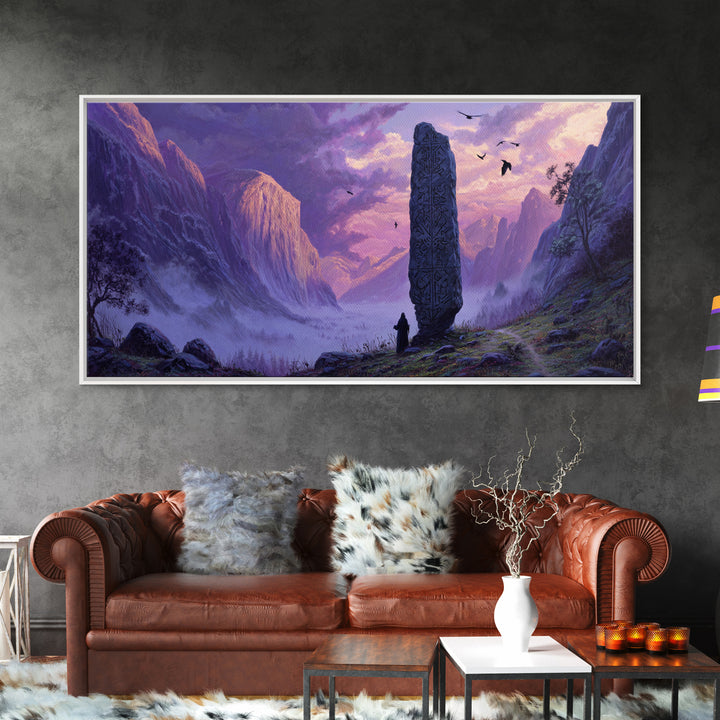Ancient Rune Monolith Mountain Valley Canvas Print, Epic Fantasy Landscape Wall Decor, Purple Mist Adventure Art For Game Room