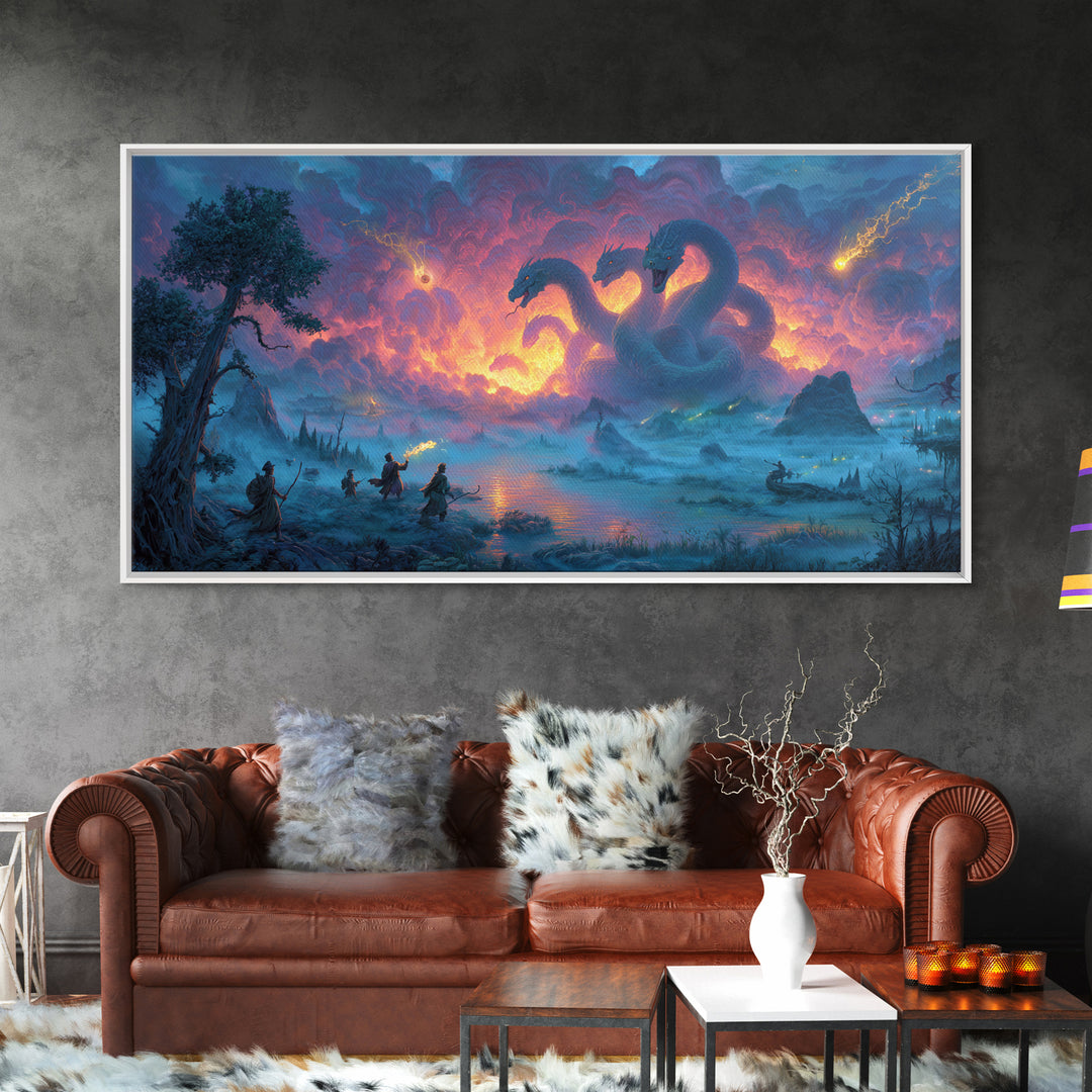 Three Headed Hydra Lake Wall Art, Epic Fantasy Canvas Print, Dragon Battle Decor, Mythical Creature Art For Game Room Decor