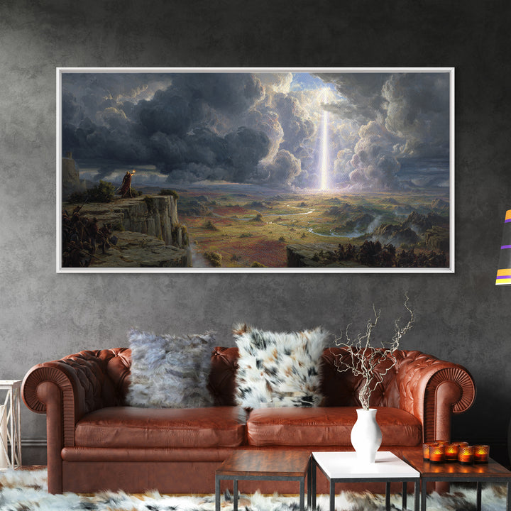 Divine Light Over Epic Battlefield Canvas Print, Fantasy Landscape Wall Art, Dark Academia Decor, Statement Artwork, Large Wall Art