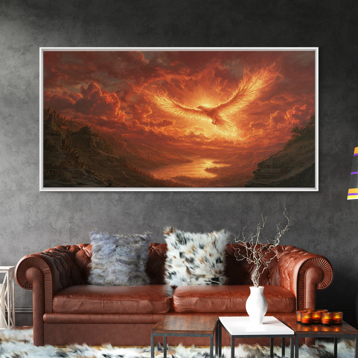 Fiery Phoenix Over Epic Valley Canvas Print, Fantasy Wall Art, Mythical Bird Painting For Gaming Room And Dramatic Home Decor