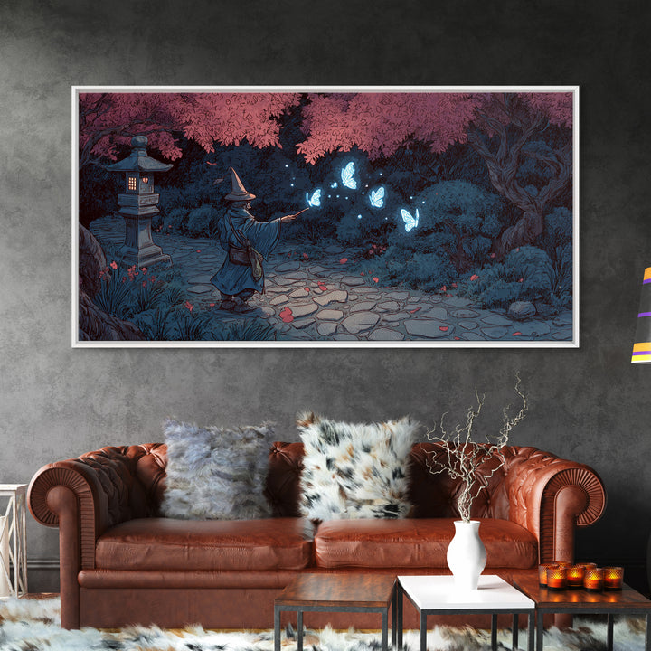 Wizard In Cherry Blossom Garden Wall Art, Magical Blue Butterfly Canvas Print, Japanese Fantasy Decor For Kids Room And Nursery