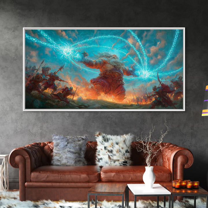 Giant Storm Mage Casting Lightning Canvas Print, Epic Fantasy Wall Art For Gaming Room Decor And Dramatic Statement Artwork