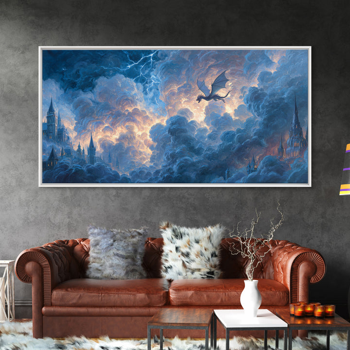 Storm Dragon Soaring Over Cloud Castles Framed Canvas Print, Fantasy Wall Art, Dramatic Sky Art, Medieval Home Decor, Gift For Him