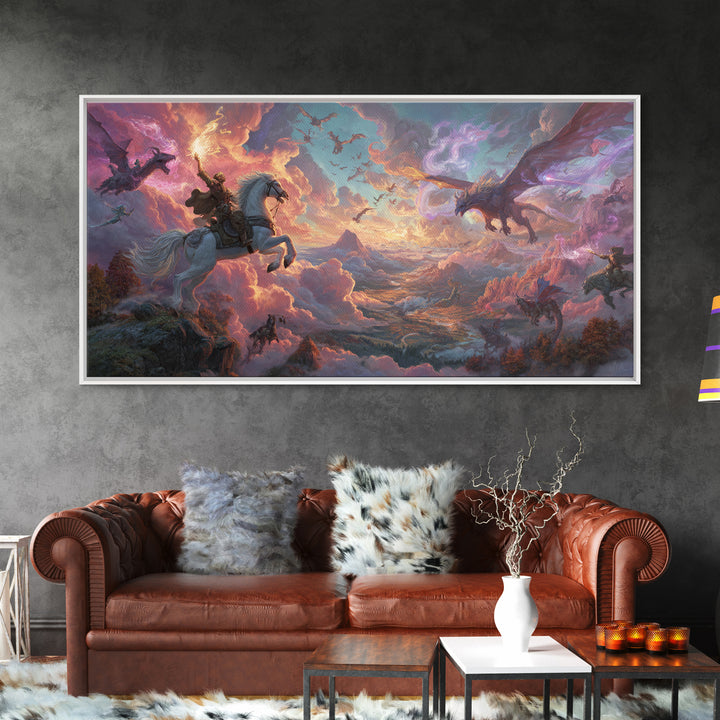 Knight And Dragons Battle Wall Art, Winged Fantasy Sky Canvas, Epic Medieval Adventure Decor, Large Mythical Art Print Gift