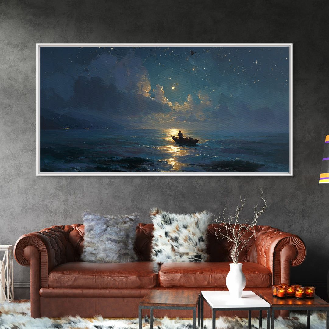Moonlit Ocean Boat Under Starry Sky Wall Art, Celestial Seascape Canvas Print, Nautical Decor, Romantic Coastal Artwork Gift