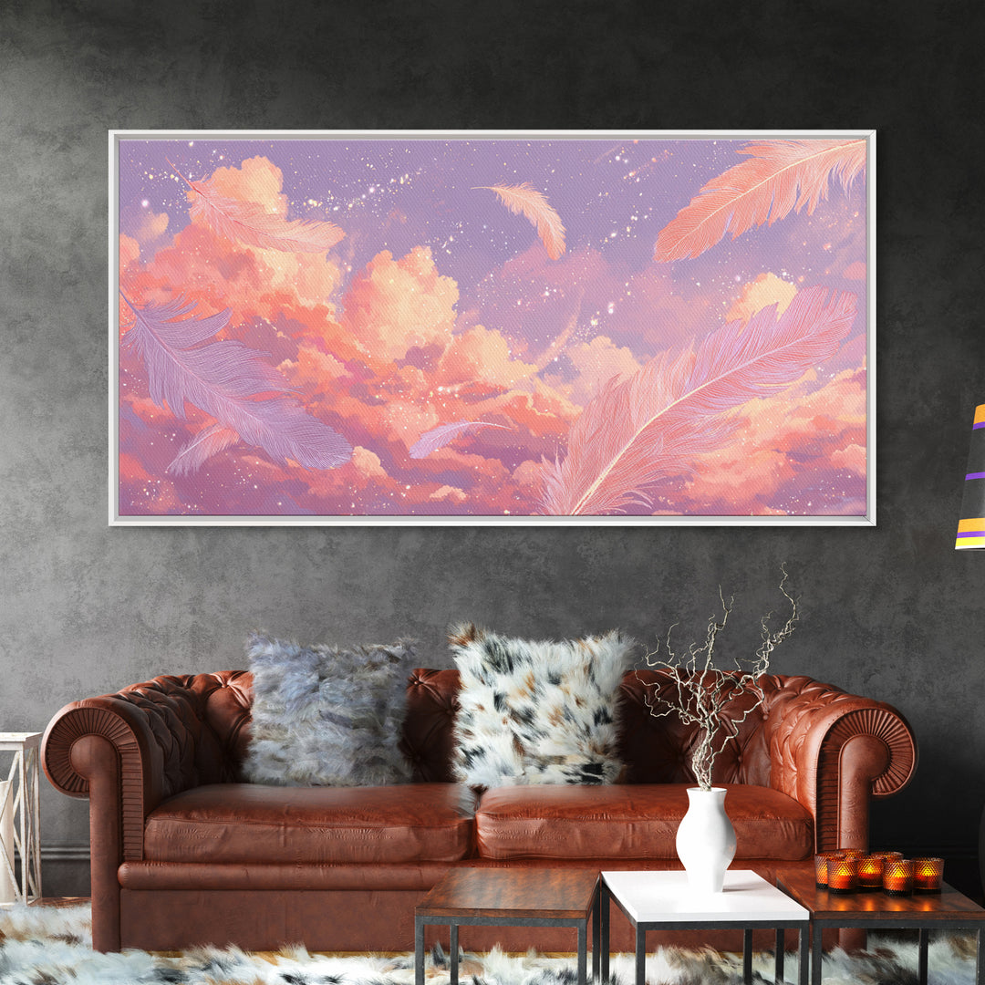 Peach Pink Cloudscape With Feathers Wall Art, Celestial Pastel Sky Canvas Print, Dreamy Nursery And Bedroom Decor, Gift For Her