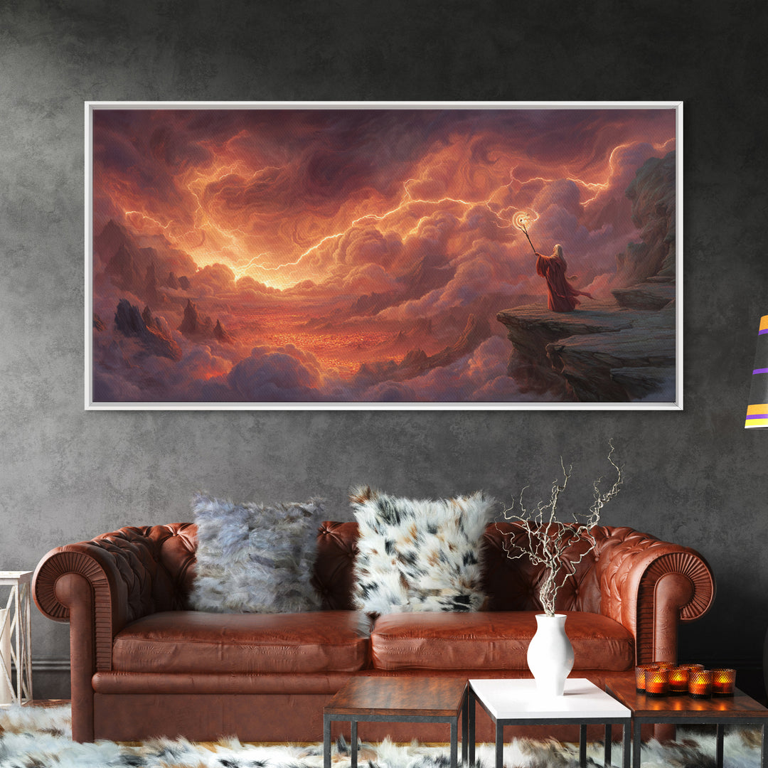Wizard On Cliff Above Fiery Clouds Wall Art, Epic Fantasy Landscape, Mystical Magic Decor, Dramatic Canvas Print, Gift For Him