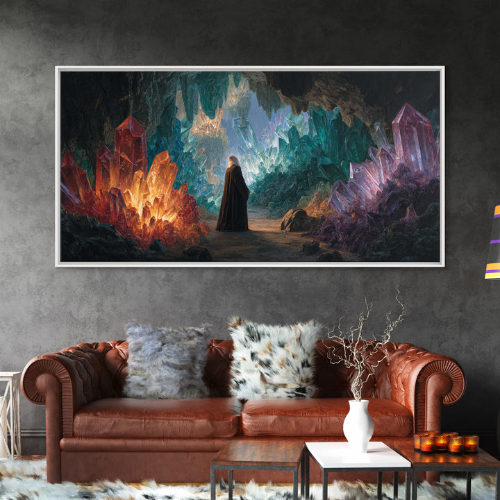 Glowing Crystal Cavern Wall Art, Fantasy Cave Canvas Print, Jewel Tone Decor, Mystical Landscape, Unique Gift For Her Decor