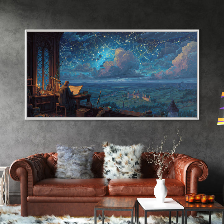 Scholar Studying A Starry Medieval Sky Wall Art, Gothic Library Decor, Fantasy Castle Landscape, Dark Academia Print, Book Lover Gift