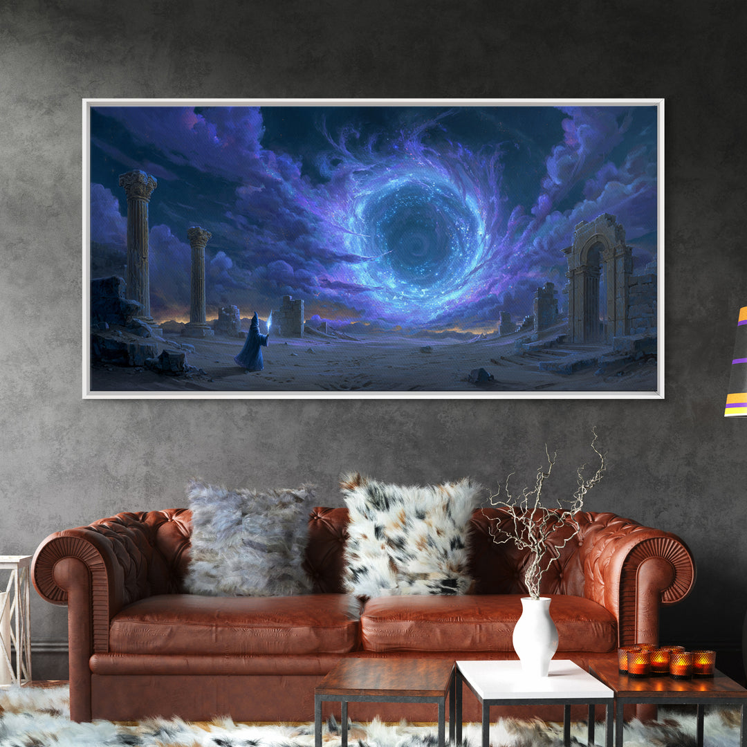 Wizard Portal Ruins Wall Art, Cosmic Vortex Fantasy Canvas, Mystical Dark Magic Decor, Surreal Landscape Art Print For Game Room