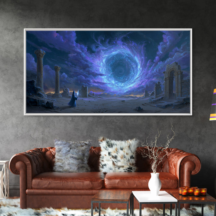 Wizard Portal Ruins Wall Art, Cosmic Vortex Fantasy Canvas, Mystical Dark Magic Decor, Surreal Landscape Art Print For Game Room
