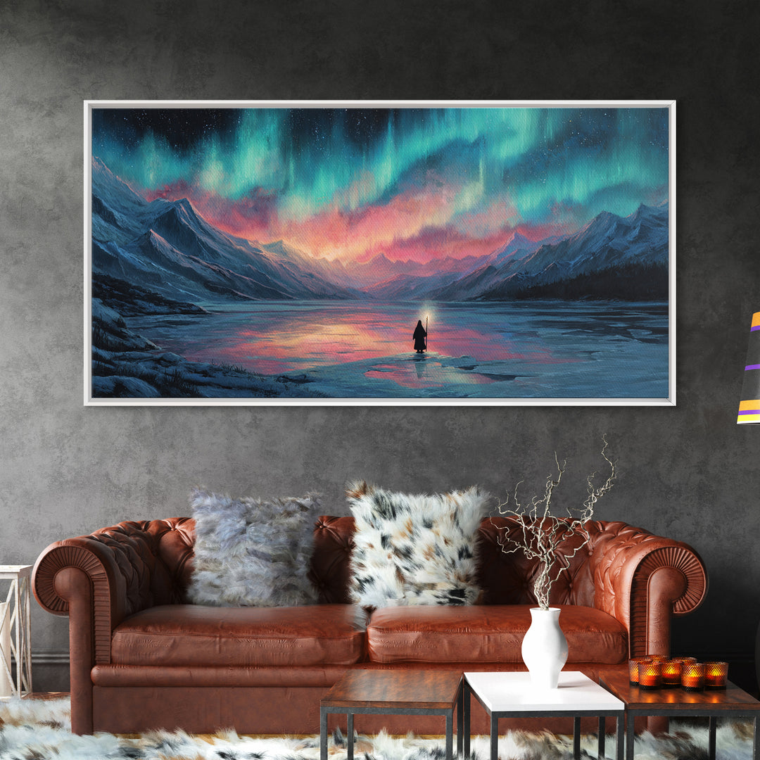 Northern Lights Over Mountain Lake Canvas Print, Aurora Wall Art, Peaceful Landscape For Cabin Decor And Above Bed Wall Decor