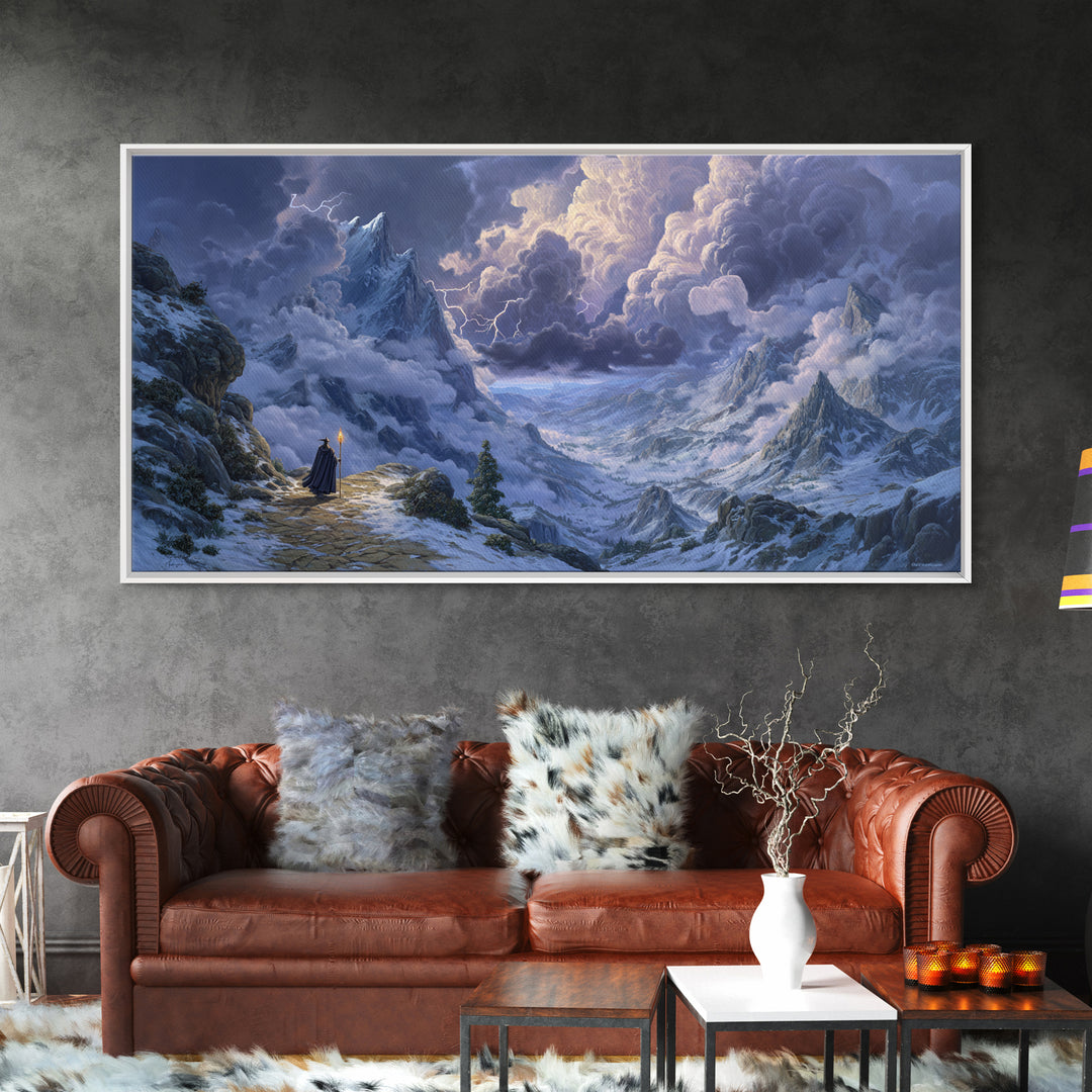 Snowy Mountain Wizard Wall Art, Epic Fantasy Canvas Print, Dungeons And Dragons Decor, Winter Landscape, Gamer Gift, Gift For Him