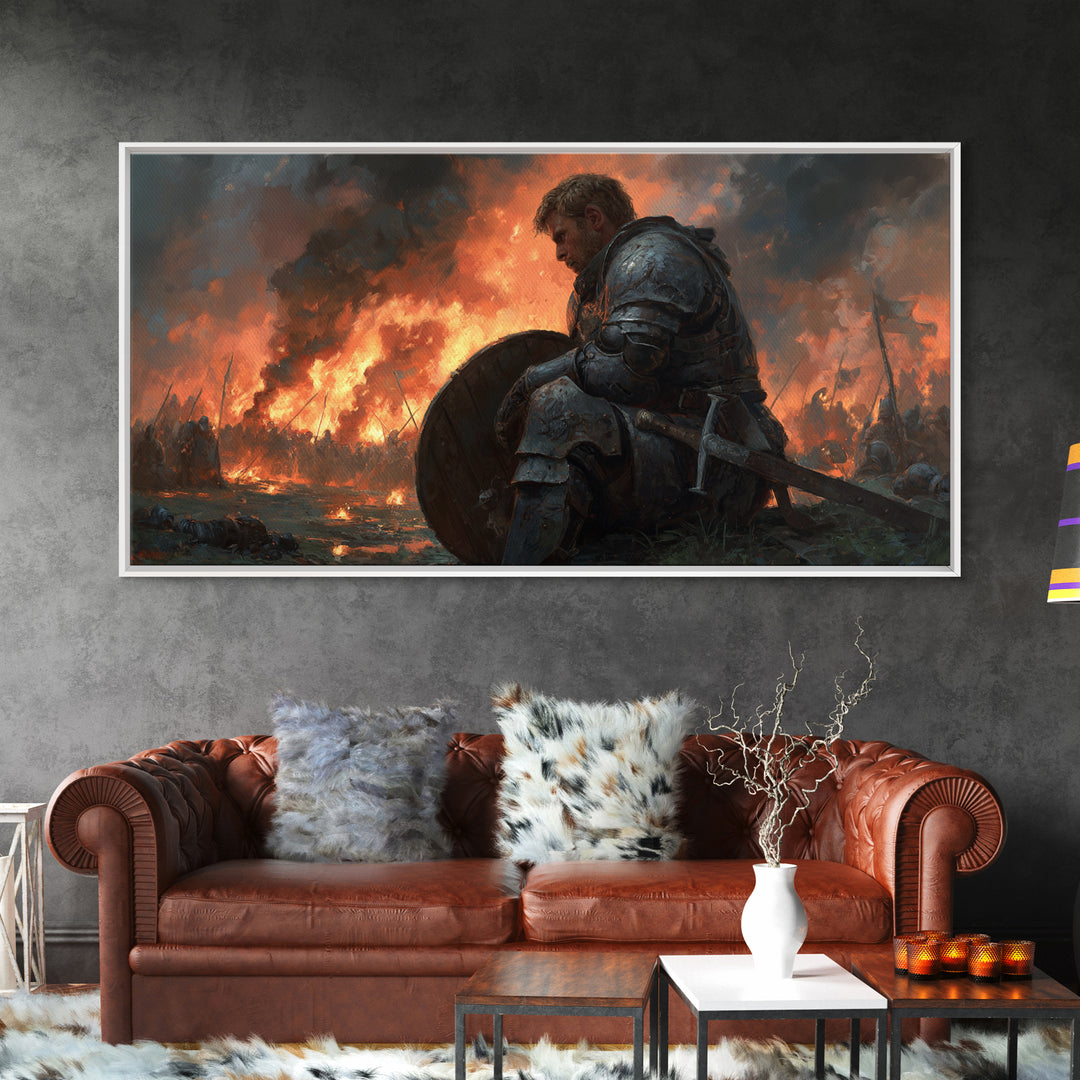 Wounded Medieval Knight On Burning Battlefield Wall Art, Dark Fantasy Warrior Canvas, Gothic Man Cave Decor, Gift For Him