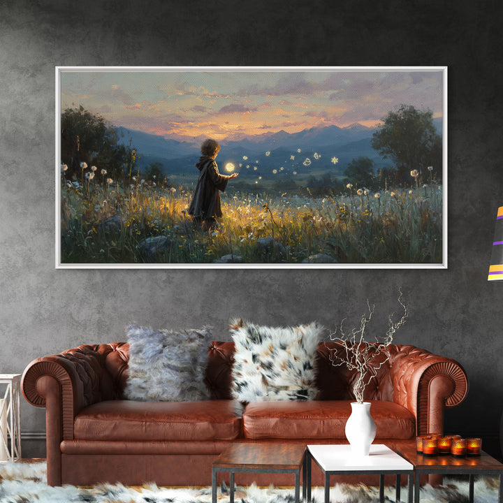 Child With Fireflies In Wildflower Meadow Wall Art, Whimsical Landscape Canvas Print, Nursery Decor, Magical Nature Gift