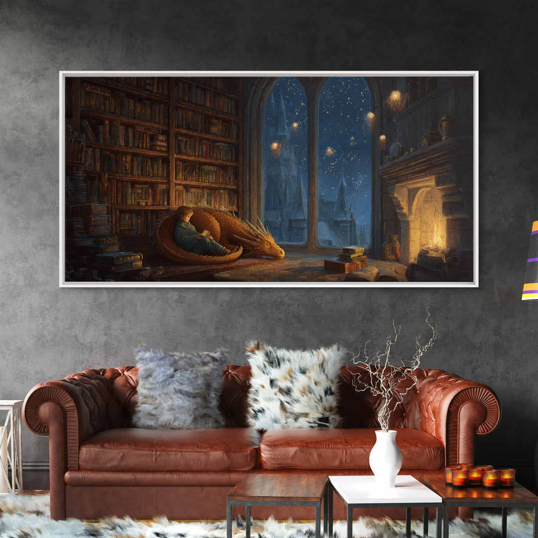 Sleeping Dragon In Cozy Library Wall Art, Fantasy Book Nook Canvas Print, Dark Academia Decor, Gift For Book Lover And Reader